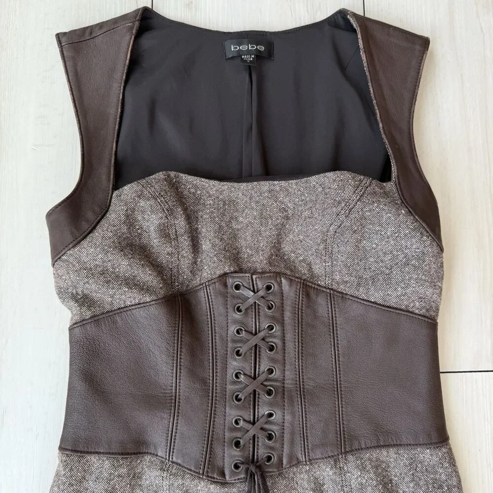 Vintage Y2K Bebe Corset Waist Bodycon Midi Dress Real Leather Straps Size 4 - Picture 4 of 16